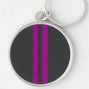 Hot Pink Racing Stripes in Carbon Fibre Style Keychain