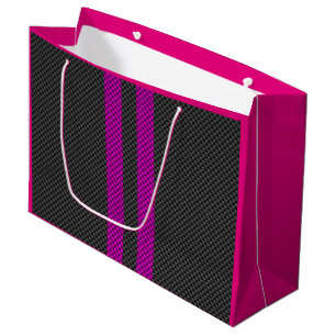 Hot Pink Racing Stripes in Carbon Fibre Style Large Gift Bag