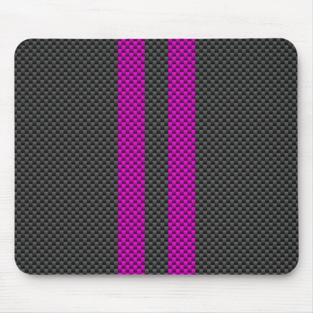 Hot Pink Racing Stripes in Carbon Fibre Style Mouse Pad (Front)