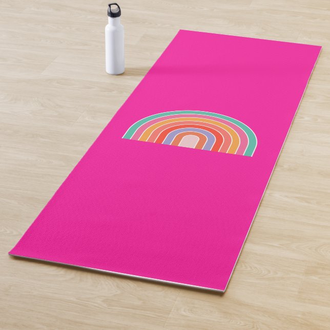 Hot Pink Rainbow Preppy Colourful Happy Rainbow Yoga Mat (In Situ)