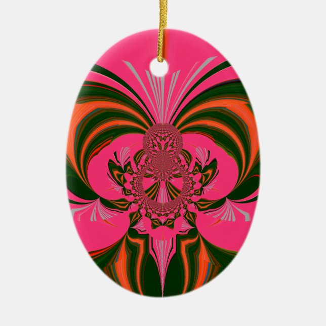 Hot Pink Red Golden Green Ceramic Ornament (Front)