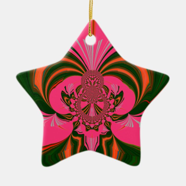 Hot Pink Red Golden Green Ceramic Ornament (Front)