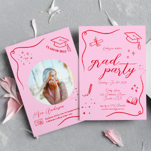 Hot Pink Red Hand-drawn Scrible Graduation Invitation
