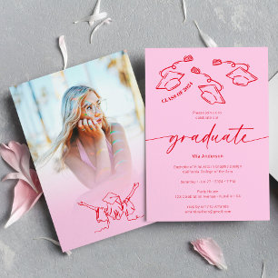 Hot Pink Red Hand-drawn Scrible Hats Graduation Invitation