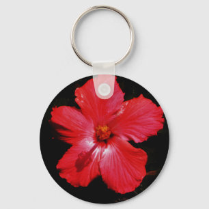 Hot Pink Red Hibiscus flower on Black Keychain
