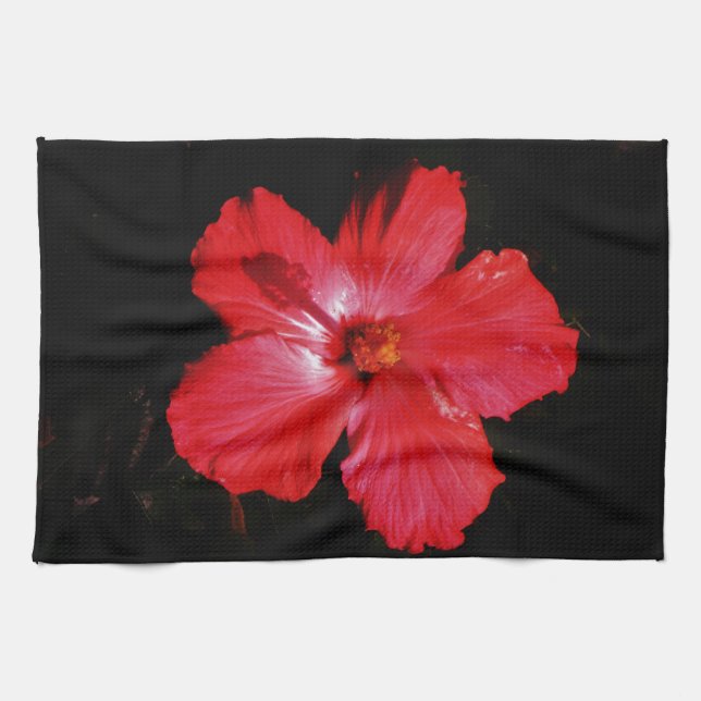 Hot Pink Red Hibiscus flower on Black Kitchen Towel (Horizontal)