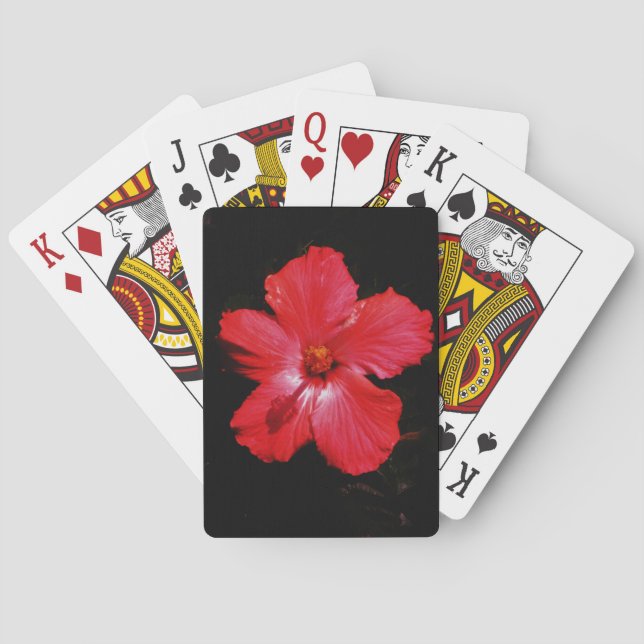 Hot Pink Red Hibiscus flower on Black Playing Cards (Back)