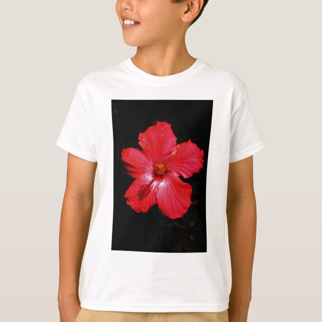 Hot Pink Red Hibiscus flower on Black T-Shirt (Front)