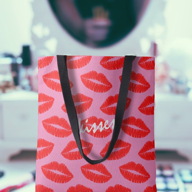 Hot Pink Red Lipstick Kisses Lips Pattern Custom Tote Bag (A pretty pink tote bag with lots of lovely red kisses. Add your name!)