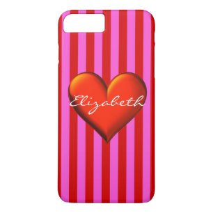 Hot Pink Red Stripe Red Metallic Heart Monogram iPhone 8 Plus/7 Plus Case