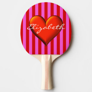 Hot Pink Red Stripe Red Metallic Heart Monogram Ping Pong Paddle