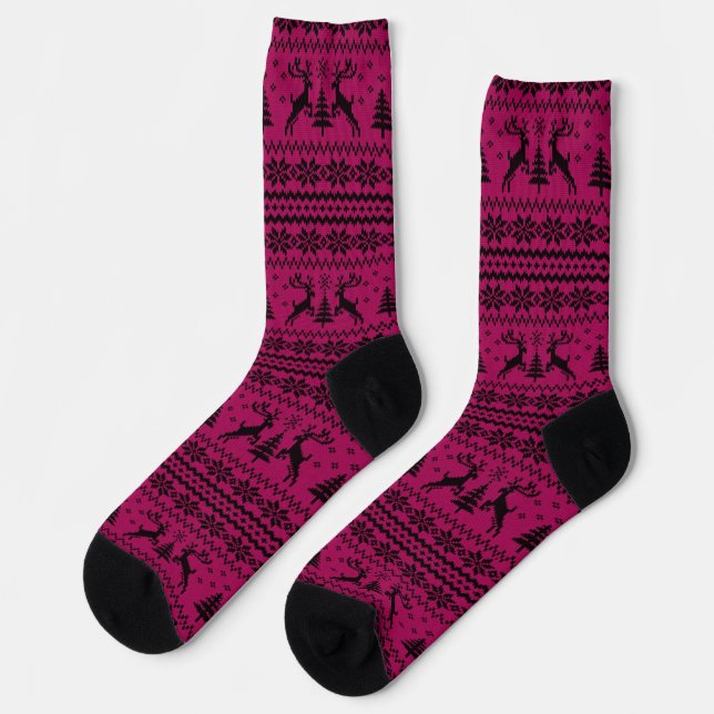 Hot Pink Reindeer Sweater Looking Christmas  Socks (Left)