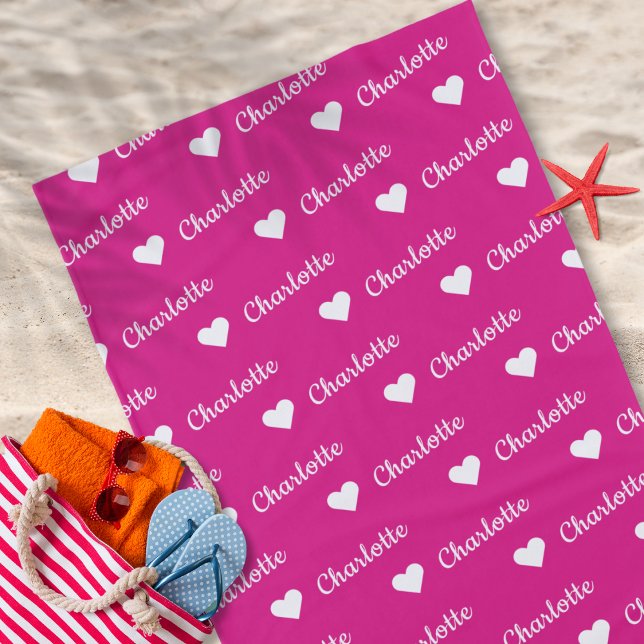Hot Pink Repeating Name Script Heart Beach Towel (Personalized Repeating Name Pattern with Heart Summer Beach Bath Towel)