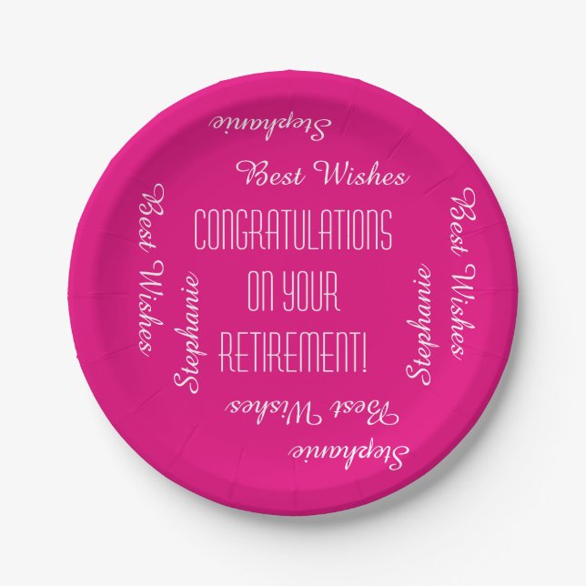 Hot Pink Retirement Party Repeating Names Paper Plate (Front)