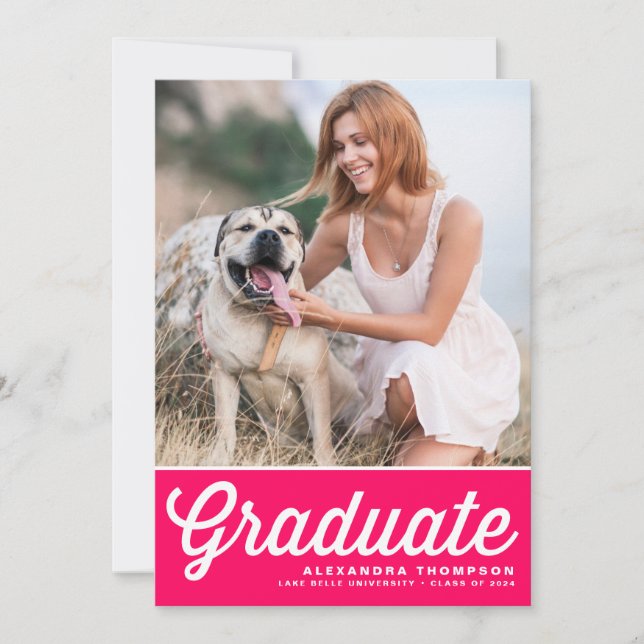 Hot Pink Retro Bold Typography Photo Graduation Invitation (Front)