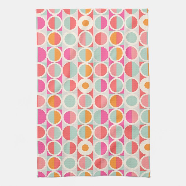 Hot Pink Retro Circle Pattern Kitchen Towel (Vertical)
