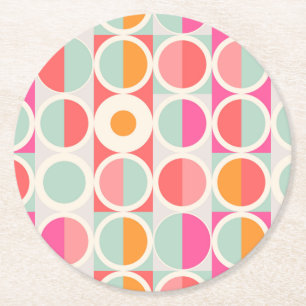 Hot Pink Retro Circle Pattern Round Paper Coaster