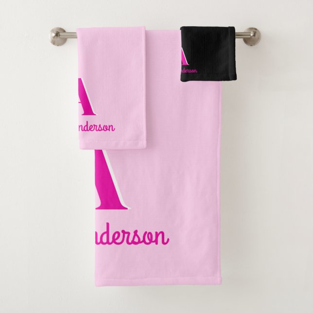 Hot Pink Retro Dolly Monogram Bath Towel Set (Insitu)