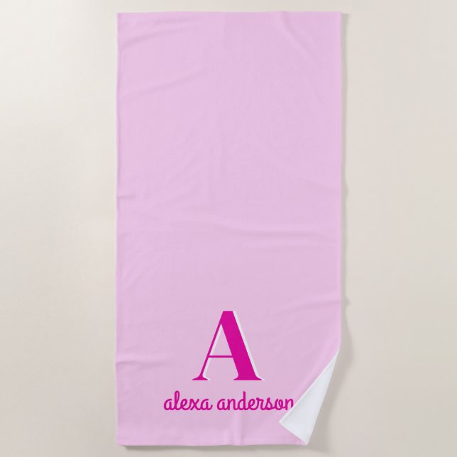 Hot Pink Retro Dolly Monogram Beach Towel (Front)