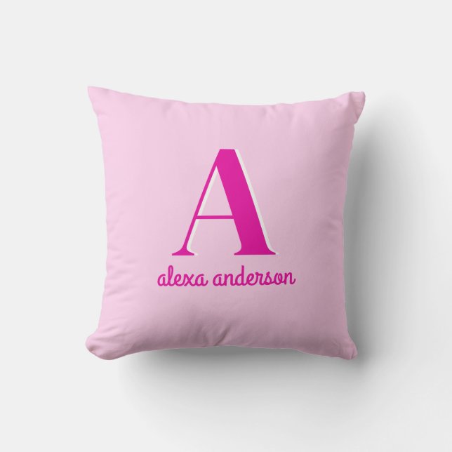 Hot Pink Retro Dolly Monogram Throw Pillow (Front)