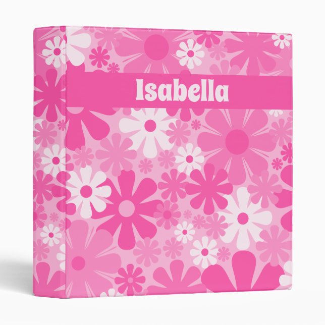 Hot Pink Retro Flower Pattern Personalized Binder (Front/Spine)