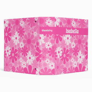 Hot Pink Retro Flower Pattern Personalized School  Binder