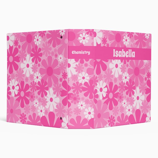 Hot Pink Retro Flower Pattern Personalized School  Binder (Background)