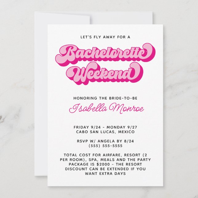 Hot Pink Retro Font Long Bachelorette Weekend Invitation (Front)