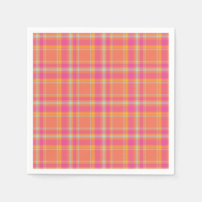 Hot Pink Retro Plaid with Orange and Blue Round Pi Napkin (Front)