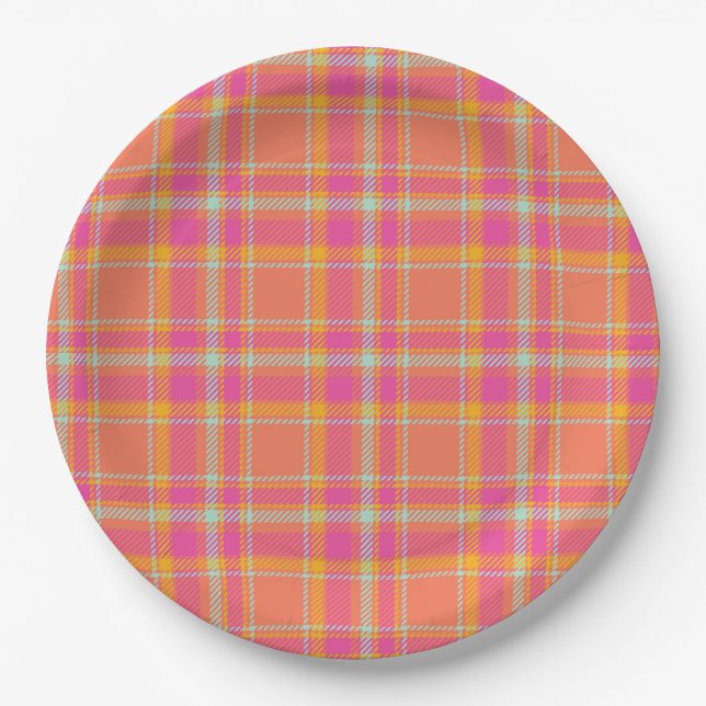 Hot Pink Retro Plaid with Orange and Blue Round Pi Paper Plate (Front)