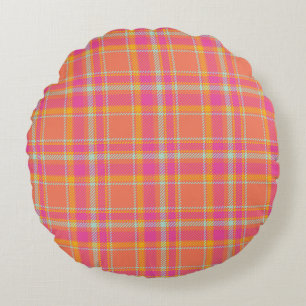 Hot Pink Retro Plaid with Orange and Blue Round Pillow