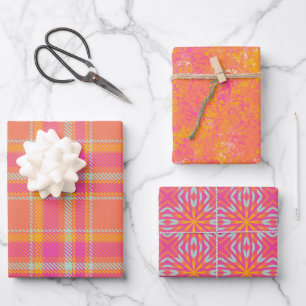 Hot Pink Retro Plaid with Orange and Blue  Wrapping Paper Sheet