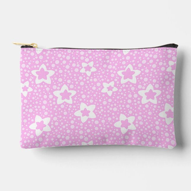 Hot pink retro polka dots with floral pattern accessory pouch (Front)