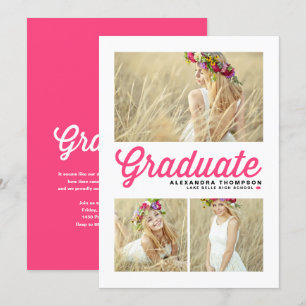 Hot Pink Retro Script Three Photo Graduation Invitation