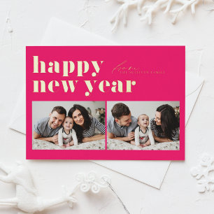 Hot Pink Retro Typography Photo Happy New Year Foil Holiday Card