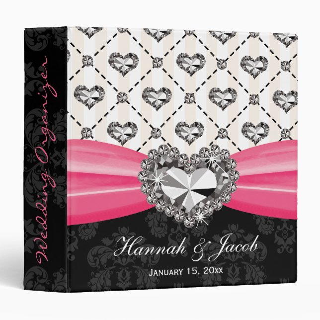 Hot Pink Rhinestone Look Heart Wedding Organizer Binder (Front/Spine)