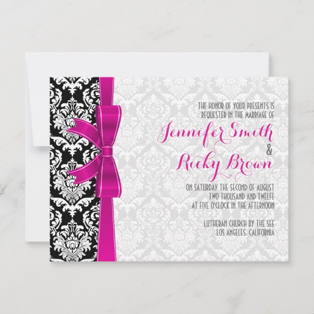 Hot Pink Ribbon Black & White Damasks Wedding Invitation (Front)