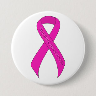 Hot Pink Ribbon Support Awareness 3 Inch Round Button