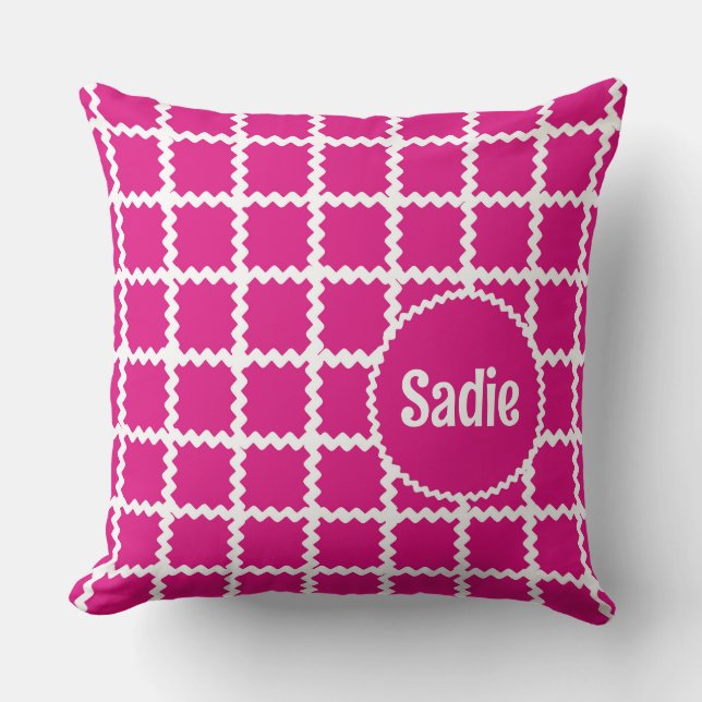 Hot Pink Ric Rac Pattern for Girls with Name  Throw Pillow (Front)