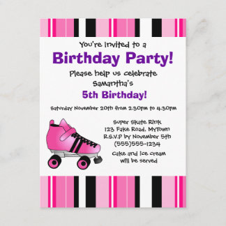 Hot Pink Roller Skate Birthday Party - Pink Stripe Invitation