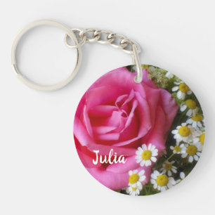 Hot Pink Rose and White Daisies Photo Keychain