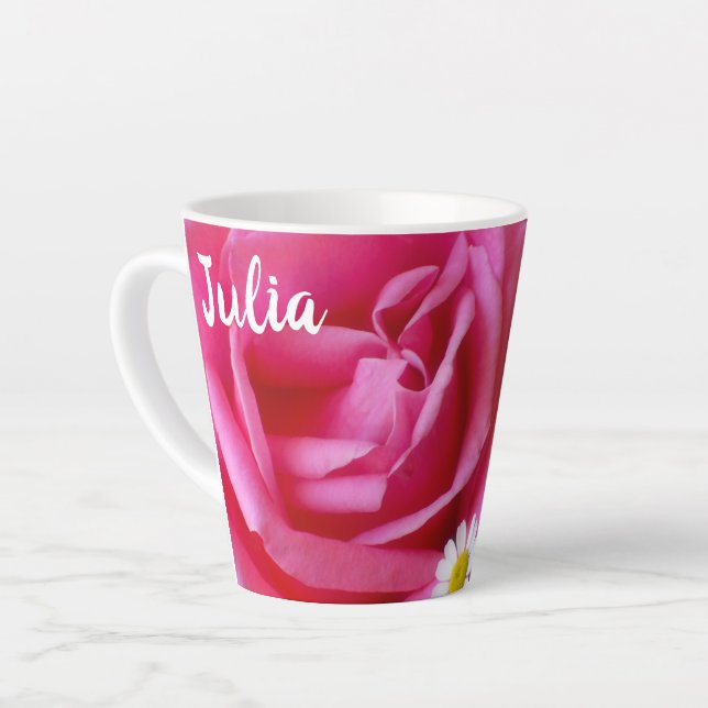 Hot Pink Rose and White Daisies Photo Latte Mug (Left Angle)
