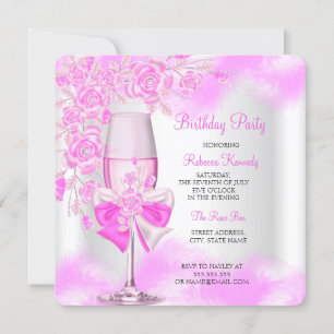 Hot Pink Rose Champagne White Floral Party Invitation
