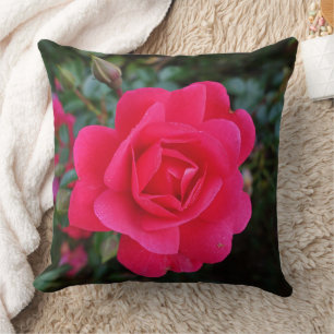 hot pink rose flower and green leaves photo art throw pillow