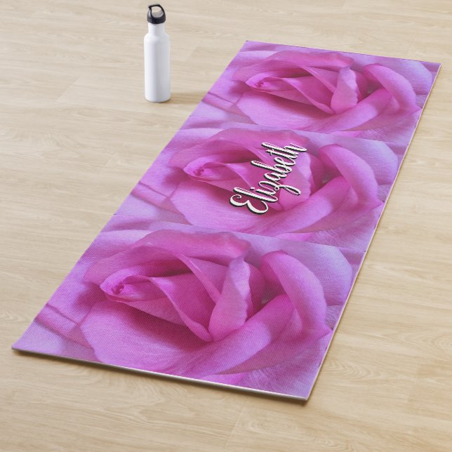 Hot Pink Rose Flower Script Add Your Name Bold Yoga Mat (In Situ)