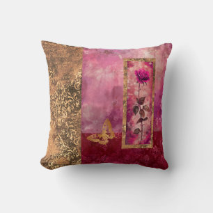Hot pink rose grunge style floral throw pillow