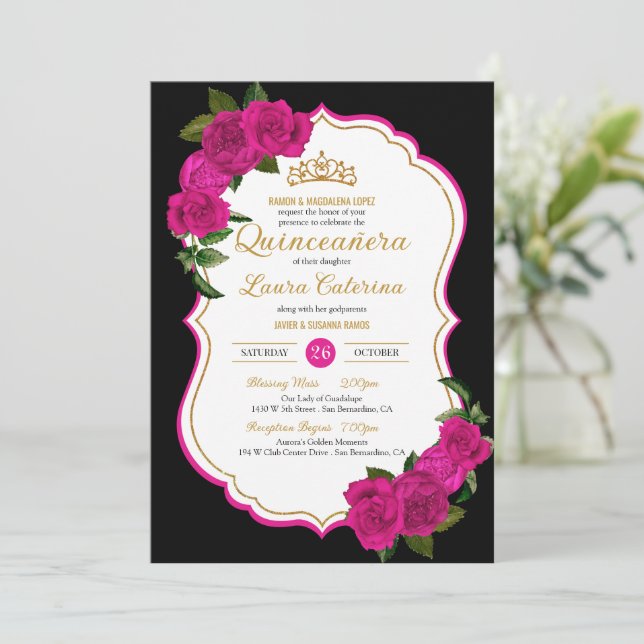 Hot Pink Roses Black and Gold Elegant Quinceanera Invitation (Standing Front)