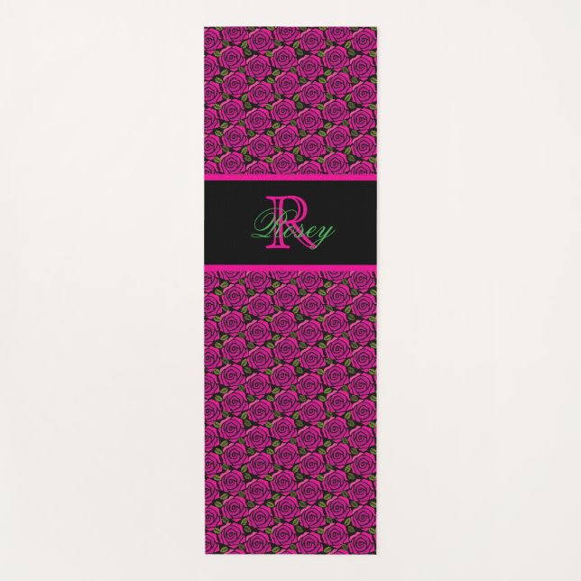 Hot Pink Roses Girly Personalised Name Monogram  Yoga Mat (Front)