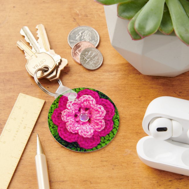 Hot Pink Rosy Flower Green Crochet Print on Keychain (Desk)