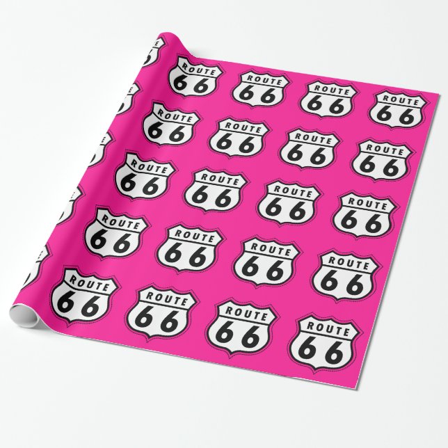 Hot Pink Route 66 road sign Wrapping Paper (Unrolled)